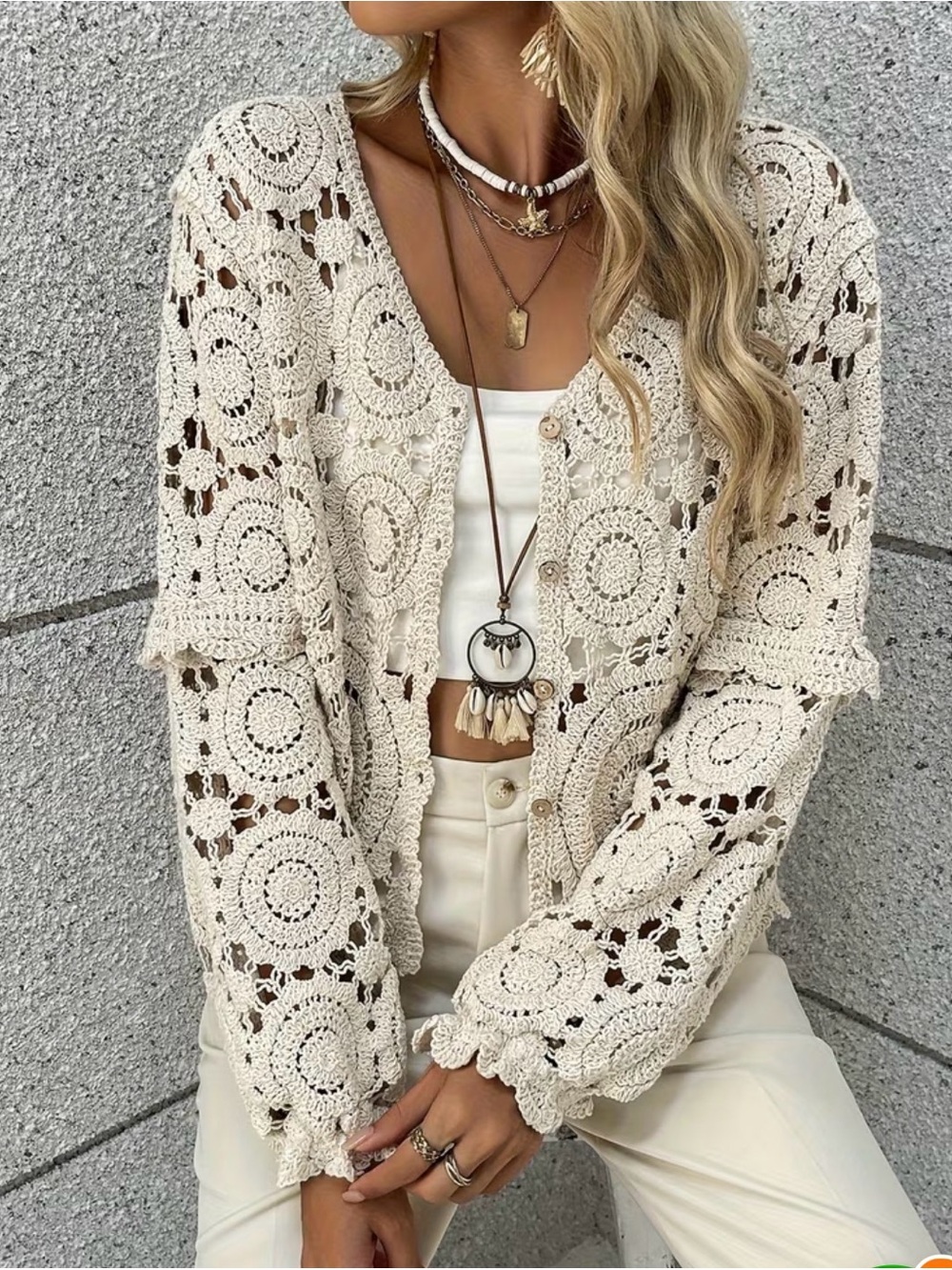 Cream Crochet Open-Front Women's Sweater Cardigan.Same sweater as pic but creamy